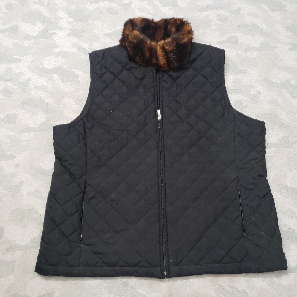 Lauren Ralph Lauren Quilted Vest Women Large Black Faux Fur Collar Zip Diamond